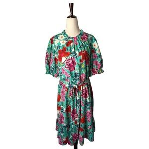 THML Dress Women XL Green Floral Puff Sleeve Ruffle Neck Tiered Mini Bohemian